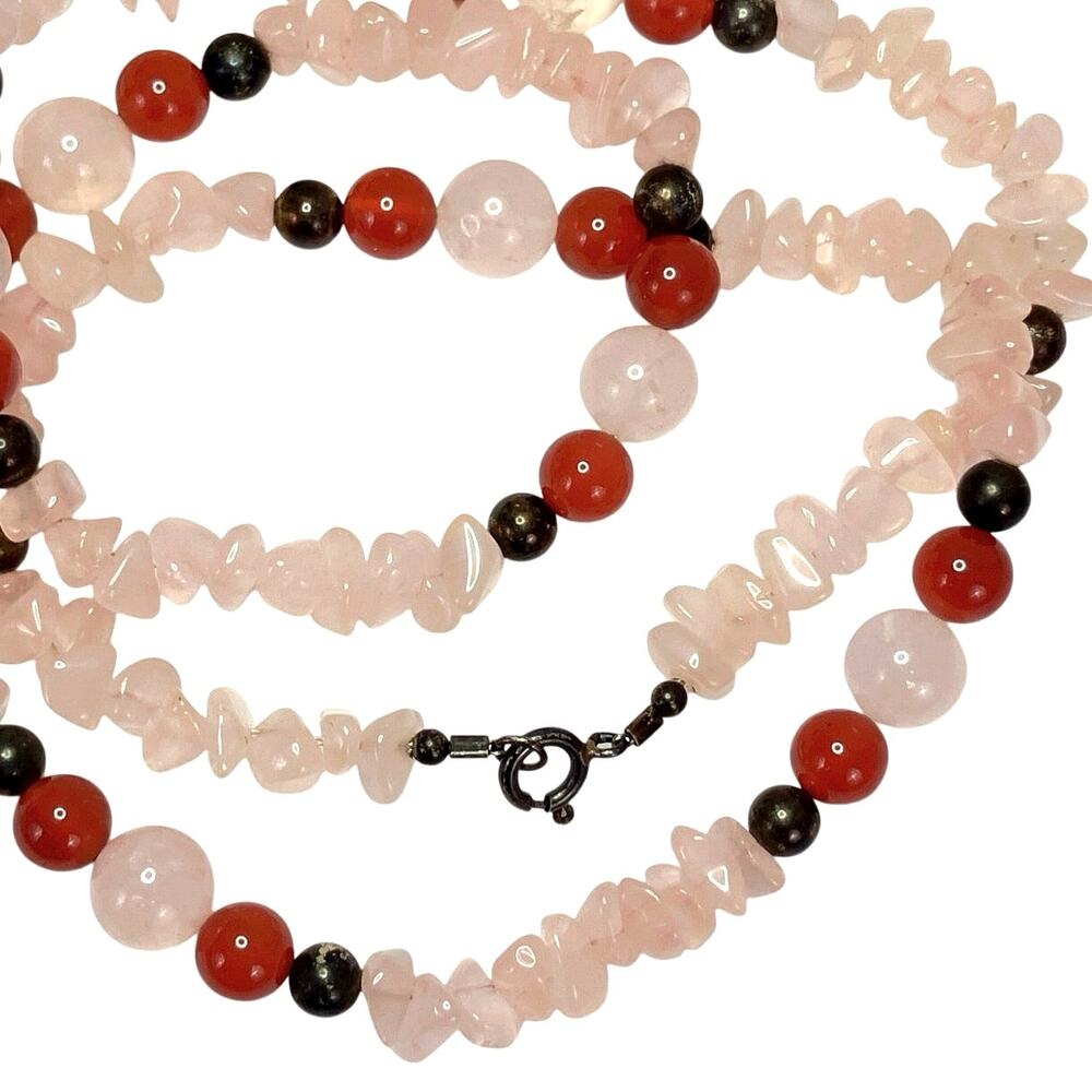 Vintage Rose Quartz Carnelian Beaded Necklace with Sterling Clasp 1980s 1990s
